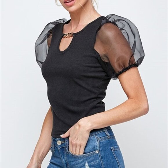 Puff Sleeved Black Top Black - Picture 5 of 8